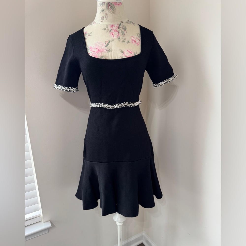 Black Square-Neck Mini Dress with Contrast Trim and Flared Hem